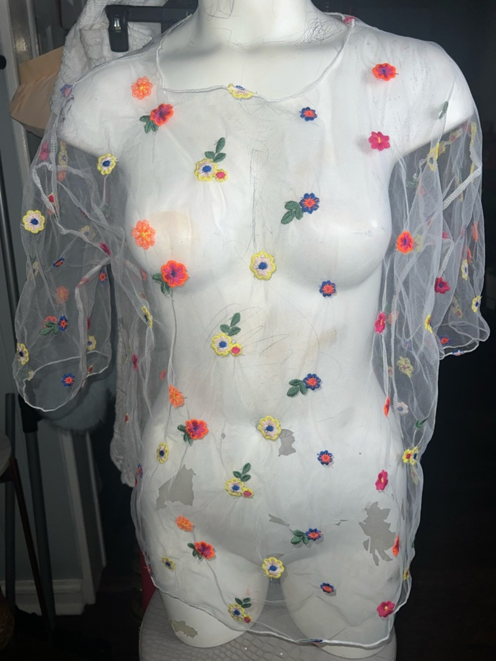 SHEIN White Sheer Mesh Floral Embroidered Blouse